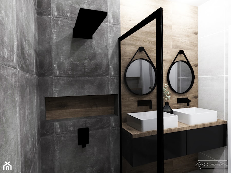 Łazienka loftowa - Mała bez okna z lustrem z dwoma umywalkami z punktowym oświetleniem łazienka, styl industrialny - zdjęcie od AVOArchitekci