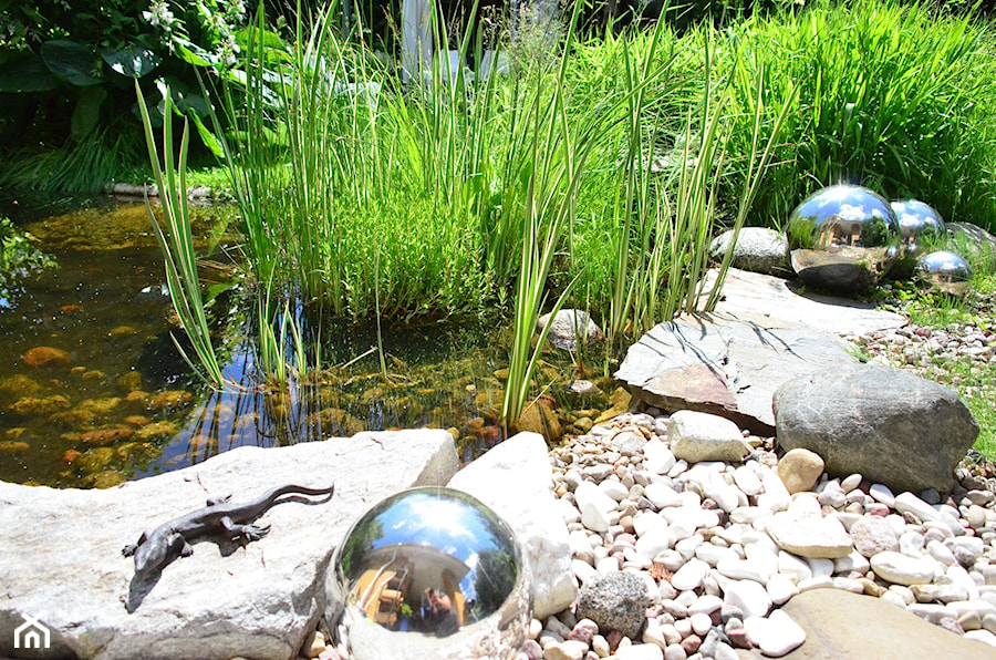 ogród naturalny 1 - Średni z kamienną nawierzchnią ogród z oczkiem wodnym za domem, styl nowoczesny - zdjęcie od Nisza Design