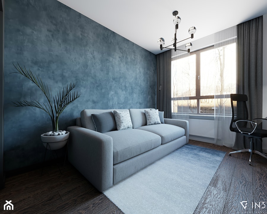 NOWOCZESNE MIESZKANIE DLA MŁODEJ PARY, WARSZAWA - Średnie w osobnym pomieszczeniu z sofą białe niebieskie biuro, styl nowoczesny - zdjęcie od IN3 Architekci