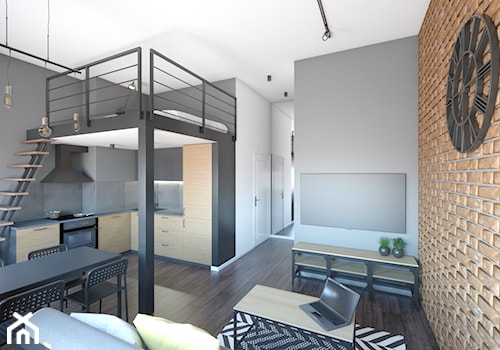 APARTAMENTY NA STARYM MIEŚCIE, LUBLIN - Średnia otwarta z salonem z kamiennym blatem czarna szara z zabudowaną lodówką kuchnia w kształcie litery l, styl industrialny - zdjęcie od IN3 Architekci