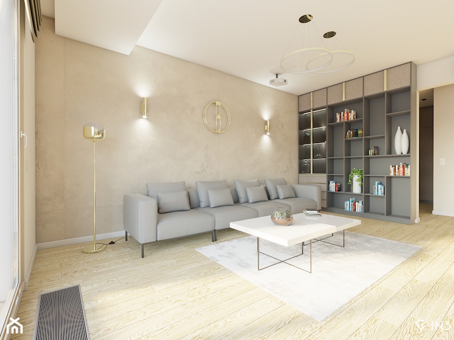 APARTAMENT W WYSOKIM STANDARDZIE DLA MŁODEJ KOBIETY, WARSZAWA - Średni beżowy biały salon, styl nowoczesny - zdjęcie od IN3 Architekci