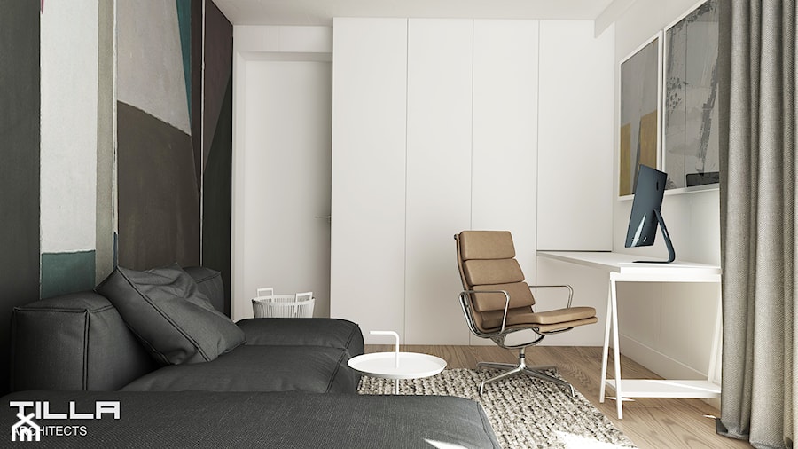 PROJEKT DOMU POD WARSZAWĄ - Małe w osobnym pomieszczeniu z sofą z zabudowanym biurkiem białe biuro, styl nowoczesny - zdjęcie od TILLA architects