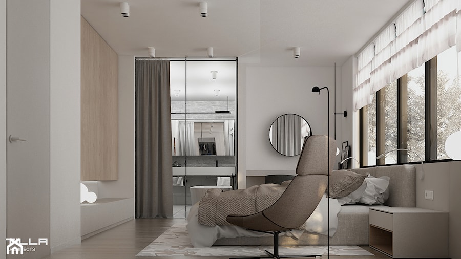 Średnia beżowa biała sypialnia z łazienką, styl nowoczesny - zdjęcie od TILLA architects