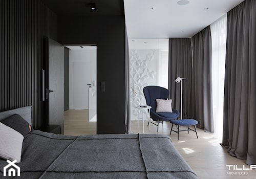 DOM / GRANICA / 170 M2 - Średnia biała czarna sypialnia, styl minimalistyczny - zdjęcie od TILLA architects