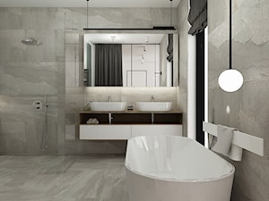 Duża bez okna z lustrem z dwoma umywalkami z punktowym oświetleniem łazienka, styl minimalistyczny - zdjęcie od TILLA architects