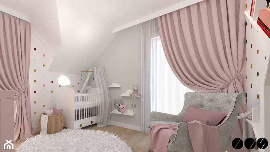 Pokój dziecka - Średni biały szary pokój dziecka dla niemowlaka dla dziewczynki, styl tradycyjny - zdjęcie od ID_Studio