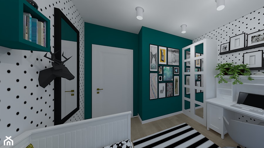 Sypialnia nastolatki - Średni biały niebieski pokój dziecka dla nastolatka dla chłopca, styl nowoczesny - zdjęcie od ID_Studio