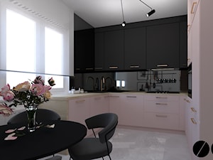 Kuchnia - Średnia zamknięta biała czarna z zabudowaną lodówką z nablatowym zlewozmywakiem kuchnia w kształcie litery u z wyspą lub półwyspem z oknem, styl nowoczesny - zdjęcie od ID_Studio
