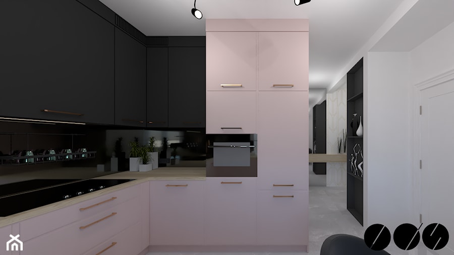 Kuchnia - Średnia otwarta z salonem biała czarna z zabudowaną lodówką kuchnia w kształcie litery l, styl nowoczesny - zdjęcie od ID_Studio