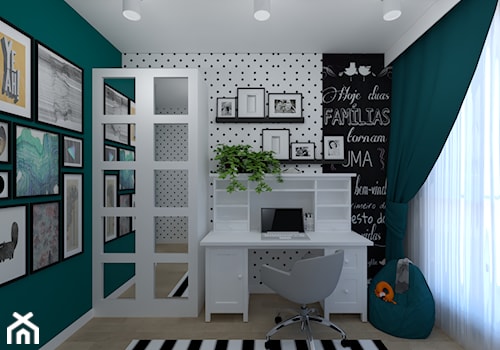 Sypialnia nastolatki - Średni biały czarny niebieski pokój dziecka dla nastolatka dla chłopca, styl nowoczesny - zdjęcie od ID_Studio