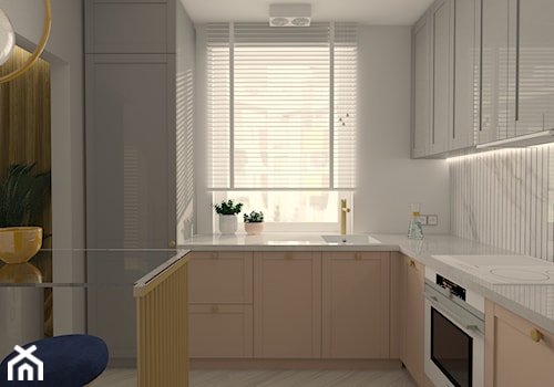 Projekt wnętrza mieszkalnego - Średnia zamknięta biała z zabudowaną lodówką z podblatowym zlewozmywakiem kuchnia w kształcie litery l z oknem, styl glamour - zdjęcie od MATO projekt