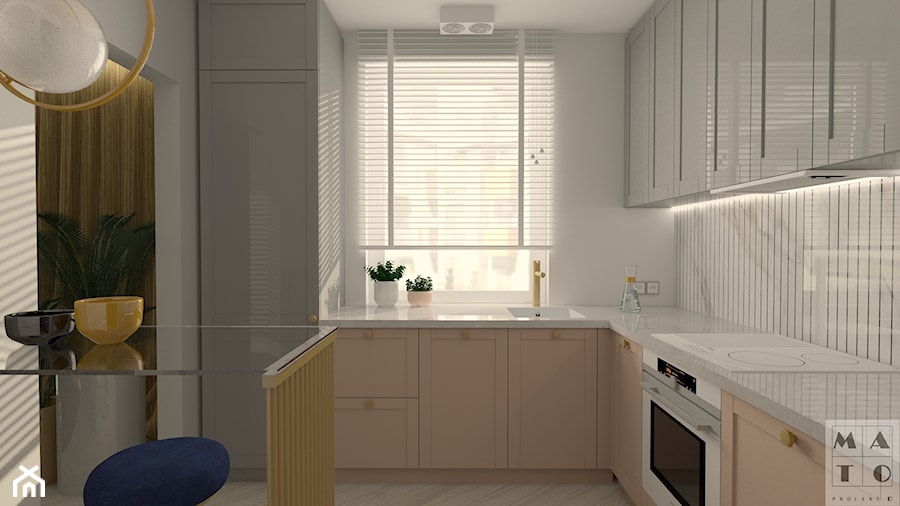 Projekt wnętrza mieszkalnego - Średnia zamknięta biała z zabudowaną lodówką z podblatowym zlewozmywakiem kuchnia w kształcie litery l z oknem, styl glamour - zdjęcie od MATO projekt