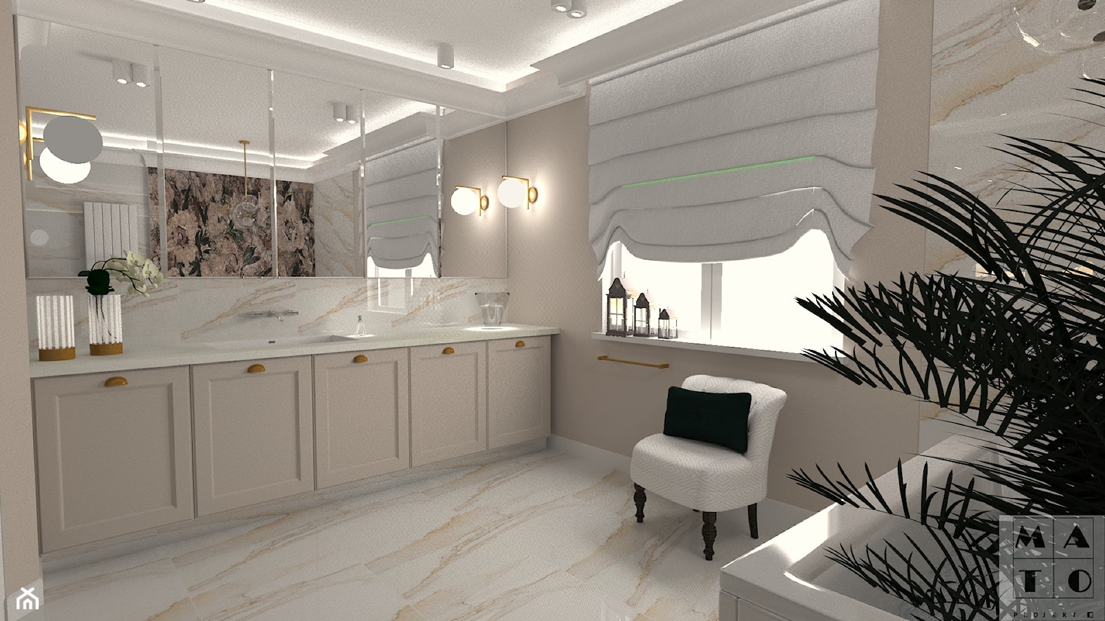 Dom jednorodzinny pod Kaliszem - Średnia z lustrem z marmurową podłogą z punktowym oświetleniem łazienka z oknem, styl tradycyjny - zdjęcie od MATO projekt - Homebook