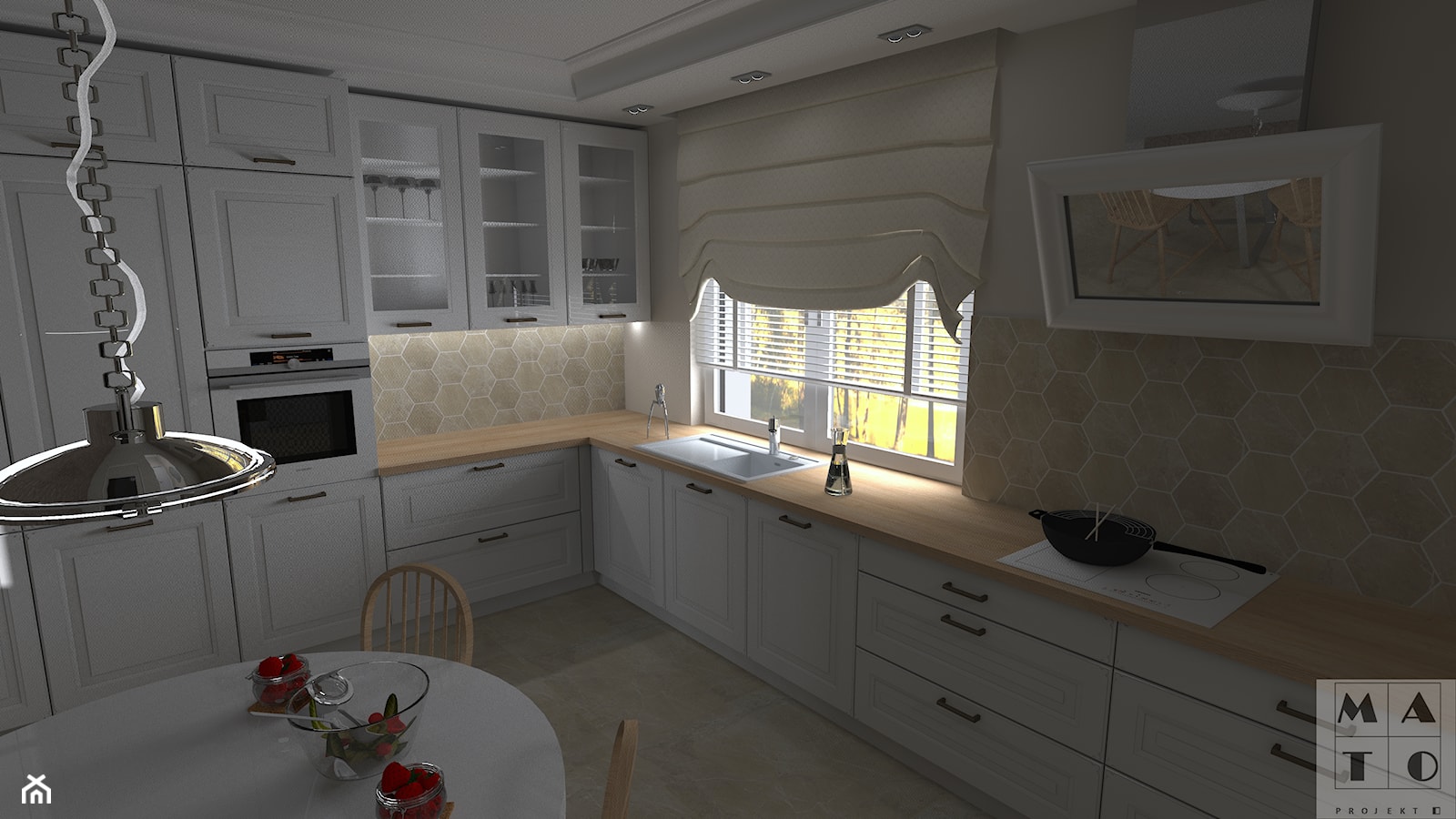 Dom jednorodzinny pod Kaliszem - Duża biała z zabudowaną lodówką z podblatowym zlewozmywakiem kuchn ... - zdjęcie od MATO projekt - Homebook