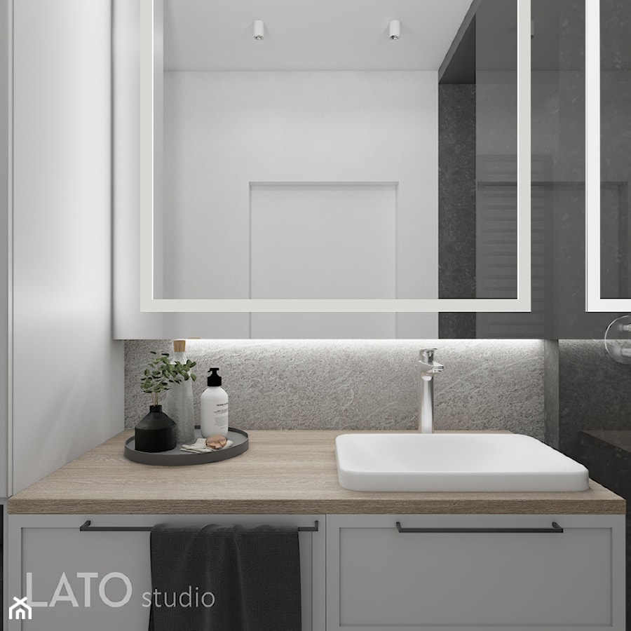 Łazienka w industrialnej kawalerce - Mała bez okna z lustrem z punktowym oświetleniem łazienka, styl industrialny - zdjęcie od LATO studio