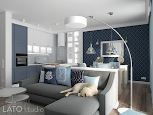 Strefa dzienna w stylu Hampton - Mały niebieski szary salon z kuchnią z jadalnią - zdjęcie od LATO studio
