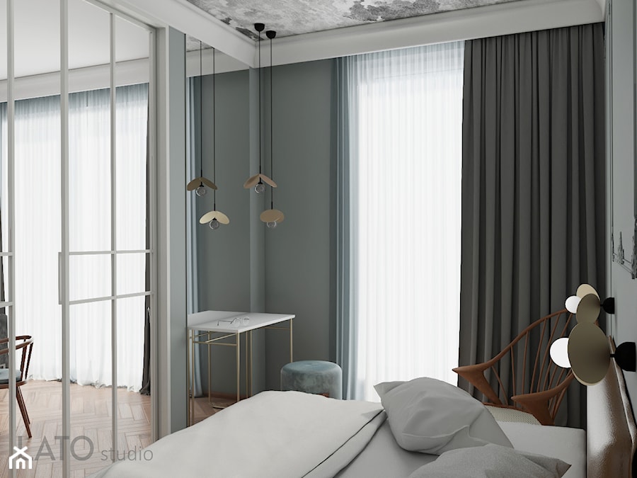 Sypialnia w apartamencie w szarościach i zieleniach - zdjęcie od LATO studio