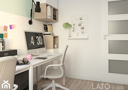 Projekt kobiecego biura dla firmy Shablon - Małe białe zielone biuro, styl glamour - zdjęcie od LATO studio