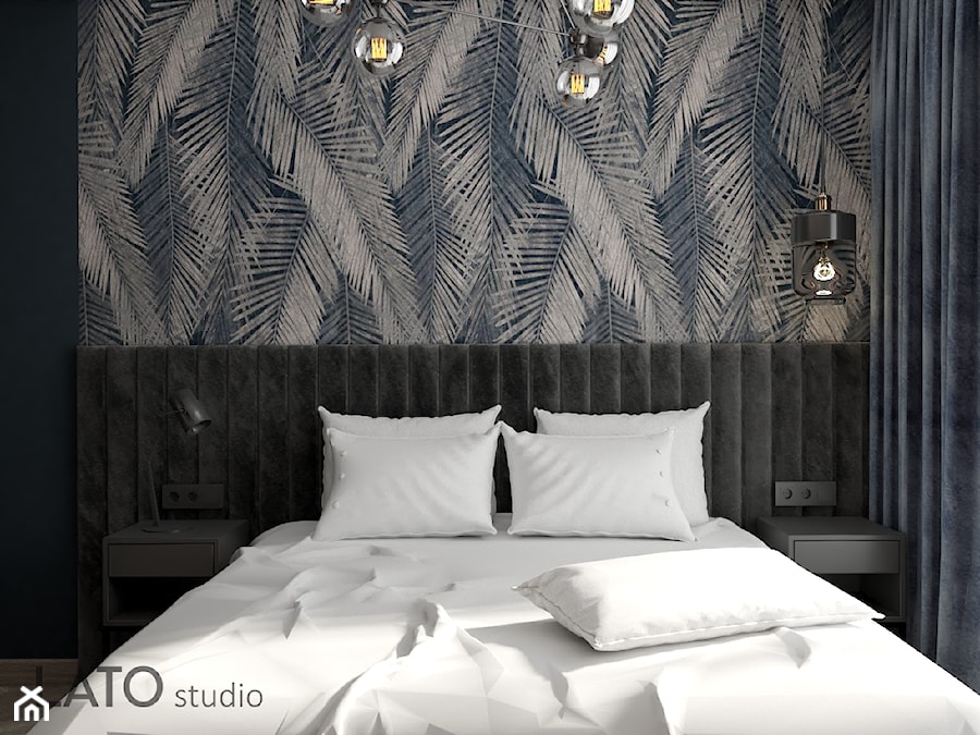 Sypialnia z liściastą tapetą - Mała czarna sypialnia, styl nowoczesny - zdjęcie od LATO studio