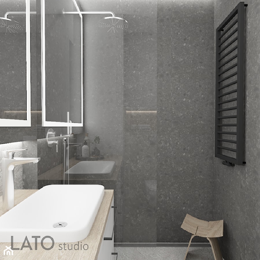 Łazienka w industrialnej kawalerce - Mała bez okna z lustrem łazienka, styl industrialny - zdjęcie od LATO studio