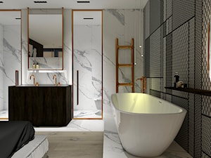 Apartament - Średnia bez okna z lustrem z dwoma umywalkami z marmurową podłogą z punktowym oświetleniem łazienka, styl nowoczesny - zdjęcie od żurawicki.design