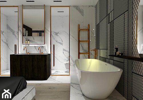 Apartament - Średnia bez okna z lustrem z dwoma umywalkami z marmurową podłogą z punktowym oświetleniem łazienka, styl nowoczesny - zdjęcie od żurawicki.design