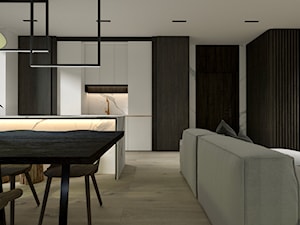 Apartament - Średni czarny szary salon z kuchnią z jadalnią, styl nowoczesny - zdjęcie od żurawicki.design