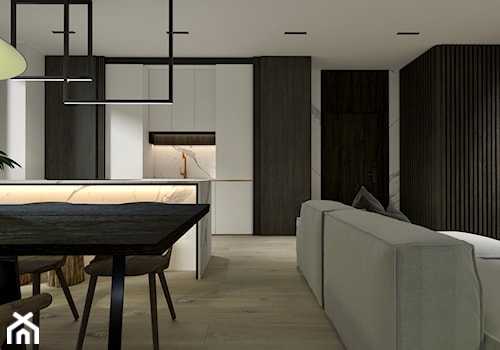 Apartament - Średni czarny szary salon z kuchnią z jadalnią, styl nowoczesny - zdjęcie od żurawicki.design