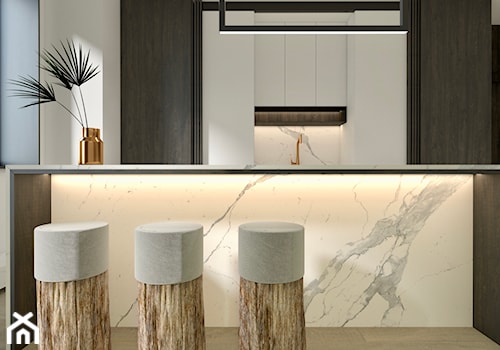 Apartament - Średnia otwarta biała z zabudowaną lodówką kuchnia dwurzędowa z wyspą lub półwyspem z oknem z marmurem nad blatem kuchennym, styl nowoczesny - zdjęcie od żurawicki.design