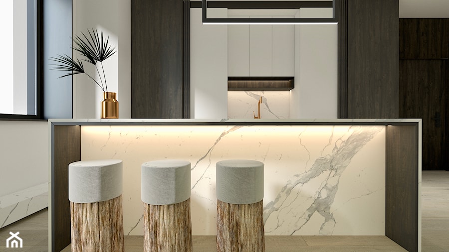 Apartament - Średnia otwarta biała z zabudowaną lodówką kuchnia dwurzędowa z wyspą lub półwyspem z oknem z marmurem nad blatem kuchennym, styl nowoczesny - zdjęcie od żurawicki.design