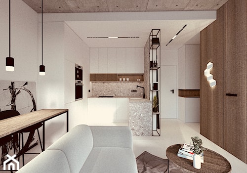 Mini apartament - Mała otwarta z salonem biała szara z zabudowaną lodówką z podblatowym zlewozmywak ... - zdjęcie od żurawicki.design