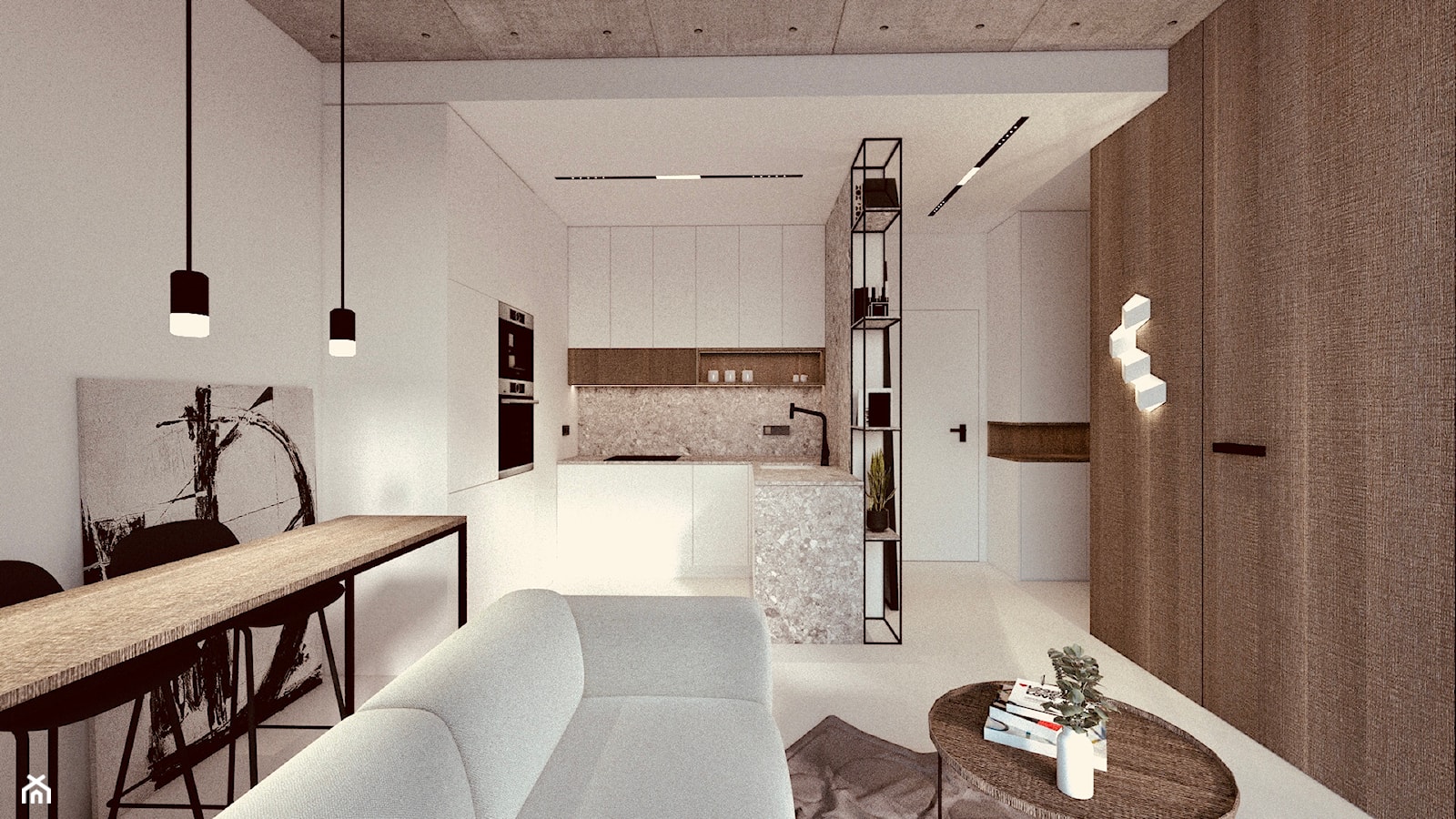 Mini apartament - Mała otwarta z salonem biała szara z zabudowaną lodówką z podblatowym zlewozmywakiem kuchnia w kształcie litery u z marmurem nad blatem kuchennym, styl minimalistyczny - zdjęcie od żurawicki.design - Homebook