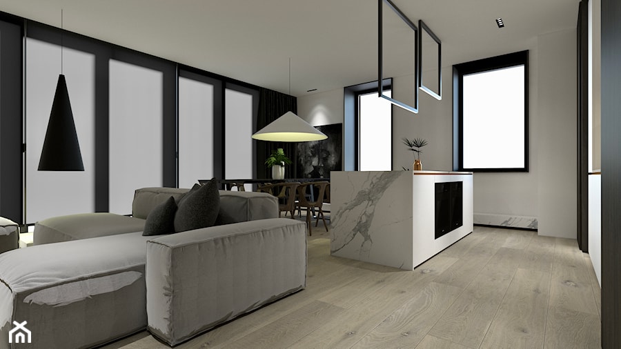 Apartament - Mały czarny szary salon z kuchnią z jadalnią, styl nowoczesny - zdjęcie od żurawicki.design