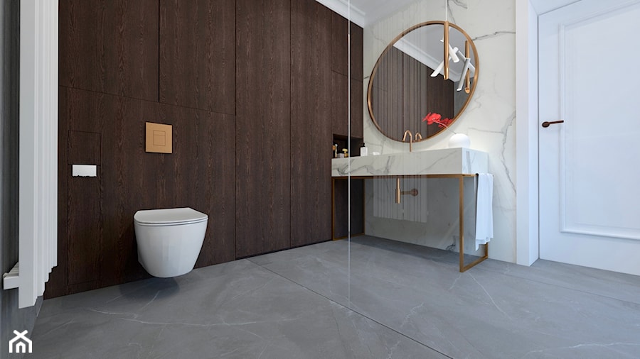 Remont domu jednorodzinnego - Mała bez okna z lustrem z marmurową podłogą łazienka, styl tradycyjny - zdjęcie od żurawicki.design