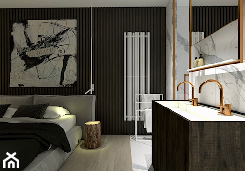 Apartament - Mała jako pokój kąpielowy z lustrem z dwoma umywalkami z marmurową podłogą łazienka, styl nowoczesny - zdjęcie od żurawicki.design