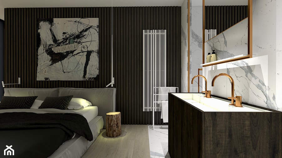 Apartament - Mała jako pokój kąpielowy z lustrem z dwoma umywalkami z marmurową podłogą łazienka, styl nowoczesny - zdjęcie od żurawicki.design