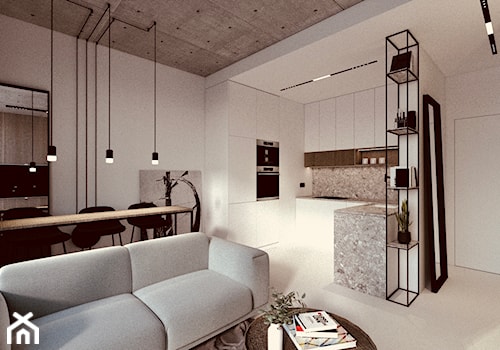 Mini apartament - Mały szary salon z kuchnią z jadalnią, styl minimalistyczny - zdjęcie od żurawicki.design