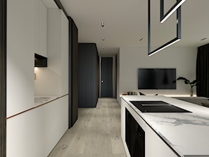 Apartament - Średnia otwarta szara z zabudowaną lodówką kuchnia jednorzędowa z wyspą lub półwyspem z oknem, styl nowoczesny - zdjęcie od żurawicki.design