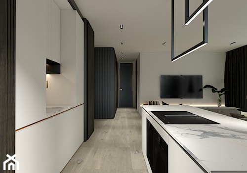 Apartament - Średnia otwarta szara z zabudowaną lodówką kuchnia jednorzędowa z wyspą lub półwyspem z oknem, styl nowoczesny - zdjęcie od żurawicki.design