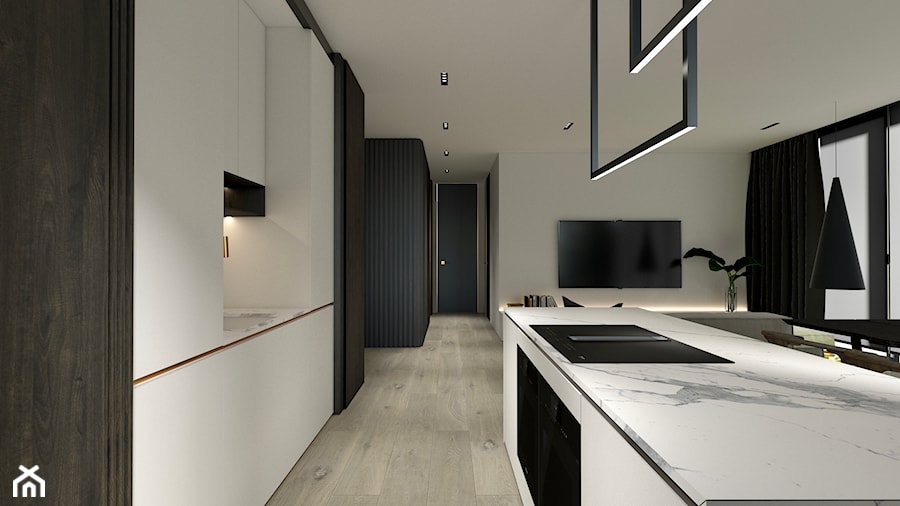 Apartament - Średnia otwarta szara z zabudowaną lodówką kuchnia jednorzędowa z wyspą lub półwyspem z oknem, styl nowoczesny - zdjęcie od żurawicki.design