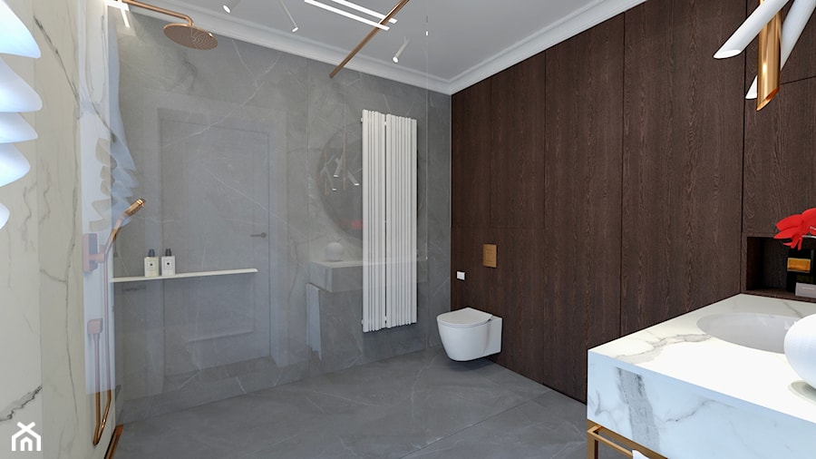Remont domu jednorodzinnego - Średnia z marmurową podłogą z punktowym oświetleniem łazienka z oknem, styl tradycyjny - zdjęcie od żurawicki.design