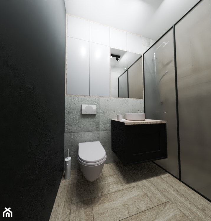 Izerska - Mała bez okna z lustrem z marmurową podłogą z punktowym oświetleniem łazienka - zdjęcie od COB Interior