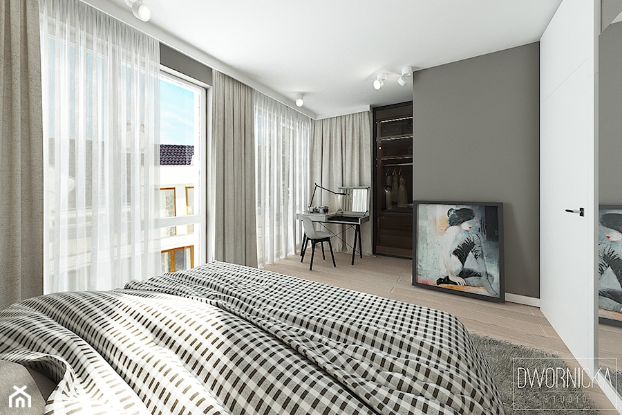 DOM Z OBRAZAMI - Średnia szara sypialnia z balkonem / tarasem, styl nowoczesny - zdjęcie od DWORNICKA STUDIO