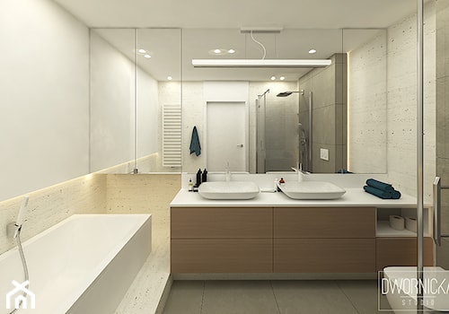 DOM Z OBRAZAMI - Mała bez okna z lustrem z dwoma umywalkami z punktowym oświetleniem łazienka, styl nowoczesny - zdjęcie od DWORNICKA STUDIO