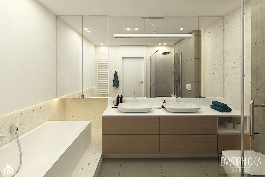 DOM Z OBRAZAMI - Mała bez okna z lustrem z dwoma umywalkami z punktowym oświetleniem łazienka, styl nowoczesny - zdjęcie od DWORNICKA STUDIO