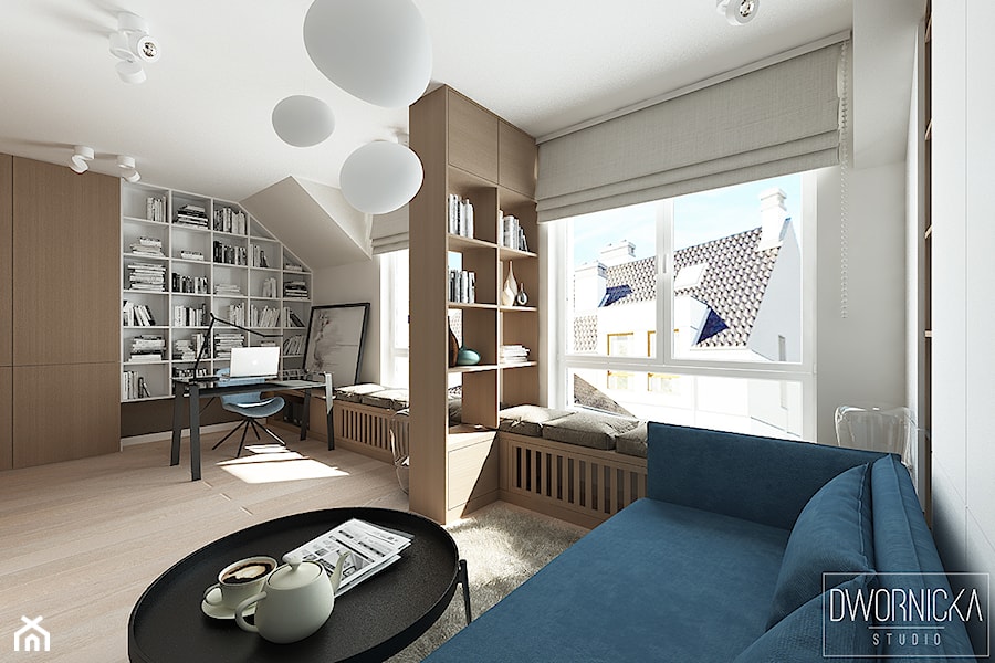 DOM Z OBRAZAMI - Średnie w osobnym pomieszczeniu z sofą białe szare biuro, styl nowoczesny - zdjęcie od DWORNICKA STUDIO