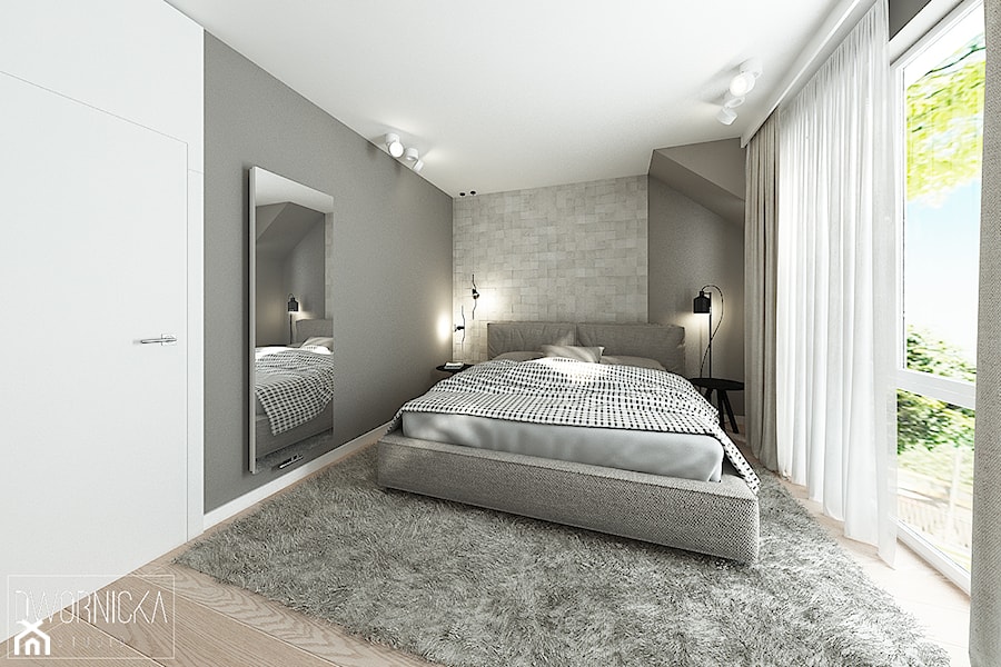 DOM Z OBRAZAMI - Średnia biała szara sypialnia na poddaszu z balkonem / tarasem, styl nowoczesny - zdjęcie od DWORNICKA STUDIO