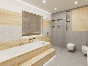 Łazienka - szarości, biel i drewno - Średnia na poddaszu łazienka z oknem - zdjęcie od Pracownia Aranżacji Wnętrz "O-kreślarnia"