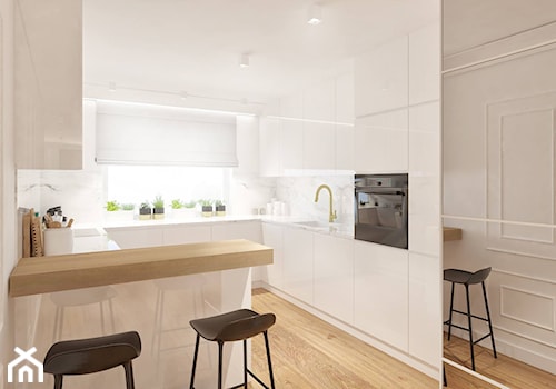 Projekt eleganckiego mieszkania - Średnia otwarta z zabudowaną lodówką kuchnia w kształcie litery u w kształcie litery g z oknem - zdjęcie od Pracownia Aranżacji Wnętrz "O-kreślarnia"