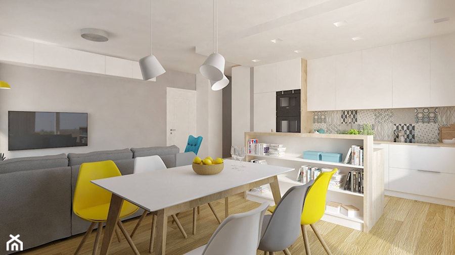 Projekty 2017 - Średni szary salon z kuchnią z jadalnią, styl nowoczesny - zdjęcie od Pracownia Aranżacji Wnętrz "O-kreślarnia"